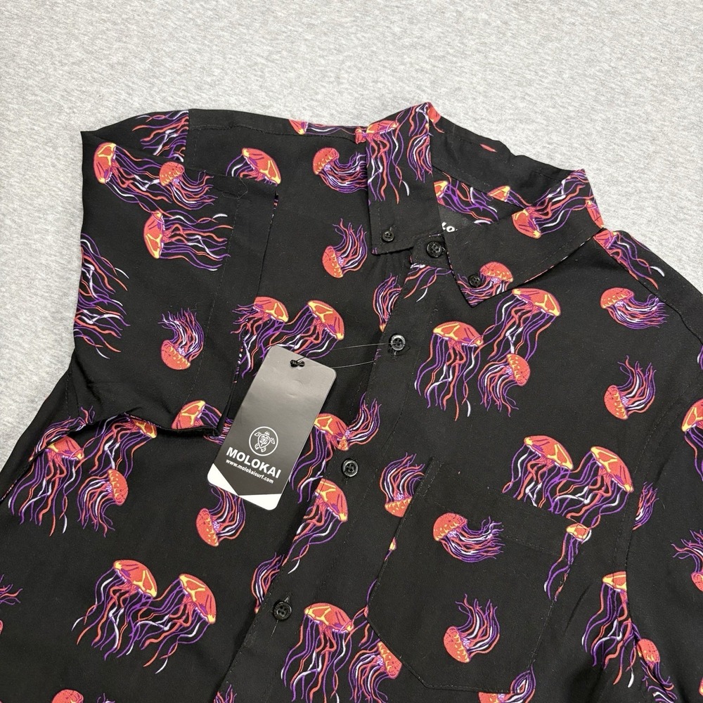 NWT Molokai Surf Co Jellyfish Button Down Shirt Mens S Black Rayon Beach Camp